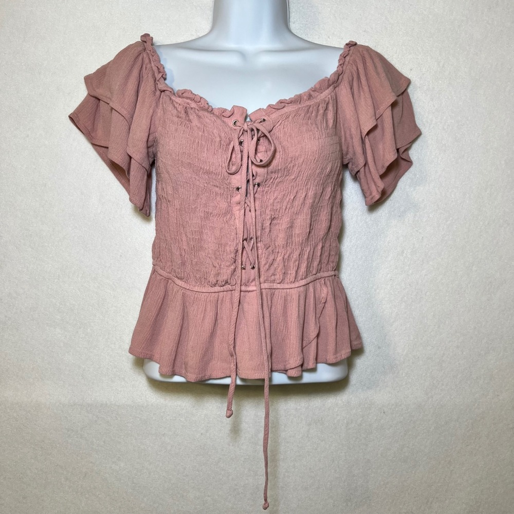 Ren Faire Fairy Peasant Y2K Pink Smocked Lace Up Ruffle Sleeve Top Active USA L